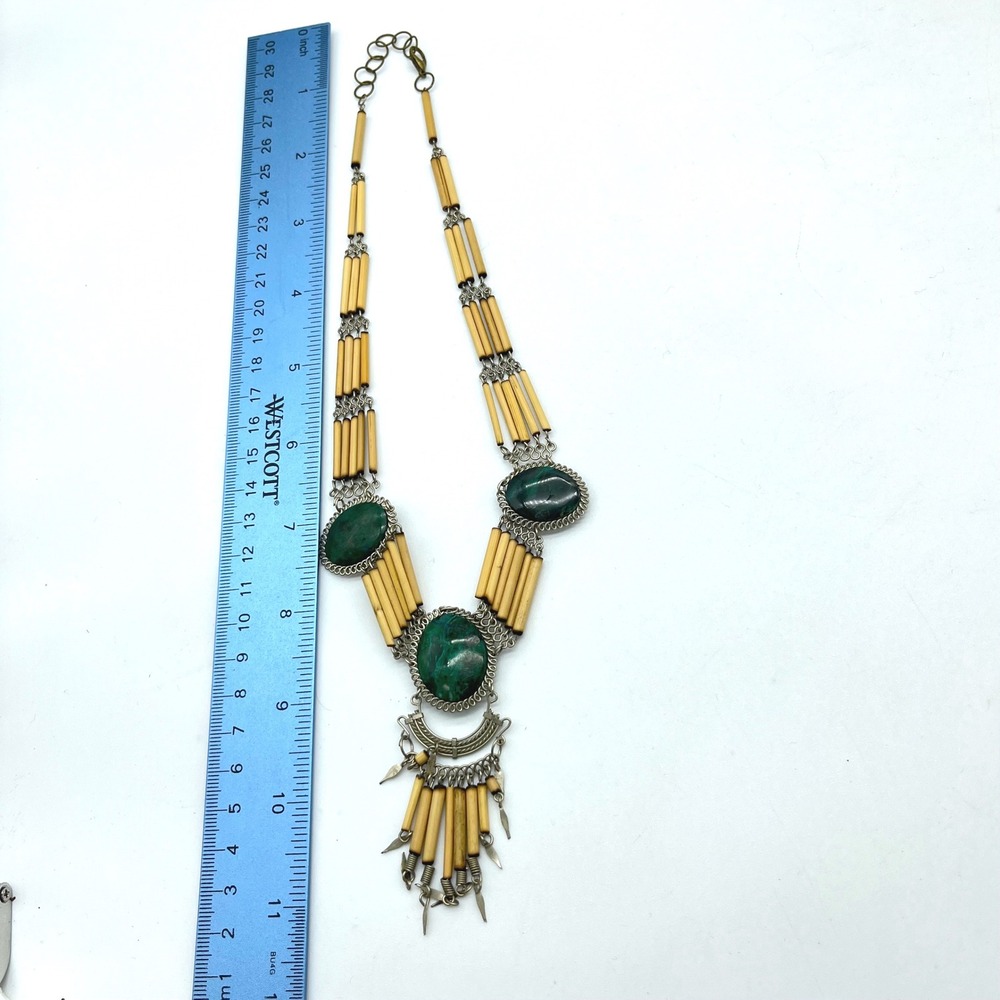 Vintage Statement Necklace Green Stone Silver Tone Bamboo Tribal‎ Boho Bohemian - Picture 8 of 8